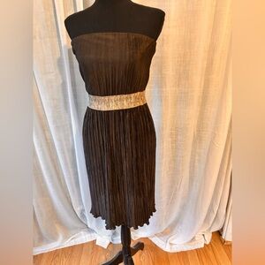 Strapless Brown Pleated Dress with Gold Waistband